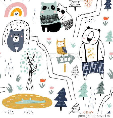 Seamless pattern with panda, bear,owl, crocodile and woodland elements. Creative zoo childish texture. Great for fabric, textile Vector Illustration Seamless pattern with panda, bear,owl, crocodile and woodland elements. Creative zoo childish texture. Great for fabric, textile Vector Illustration 113970170