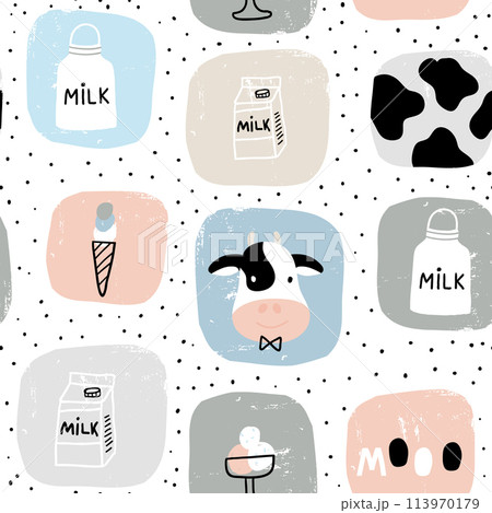 Seamless childish pattern with milk elements,cows on hand drawn shape . Creative scandinavian kids texture for fabric, wrapping, textile, wallpaper, apparel. Vector illustration 113970179