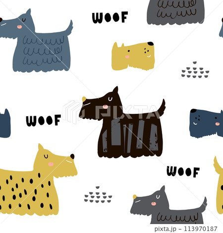 Childish seamless pattern with cute dogs. Trendy scandinavian vector background. Perfect for kids apparel,fabric, textile, nursery decoration,wrapping paper Childish seamless pattern with cute dogs. Trendy scandinavian vector background. Perfect for kids apparel,fabric, textile, nursery decoration,wrapping paper 113970187