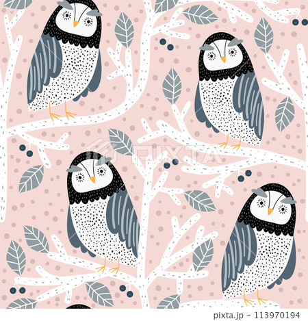 Seamless pattern with owls on trees. Creative woodland childish texture. Great for fabric, textile Vector Illustration 113970194