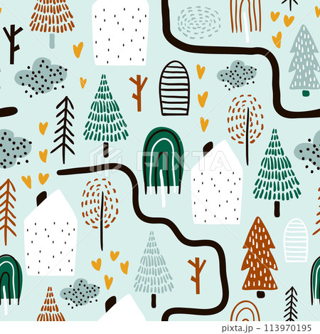 Seamless pattern with trees, houses. Forest background. Childish texture for fabric, textile.Vector Illustration Seamless pattern with trees, houses. Forest background. Childish texture for fabric, textile.Vector Illustration 113970195