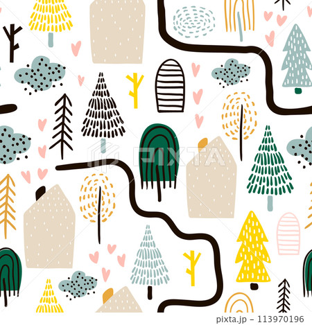 Seamless pattern with trees, houses. Forest background. Childish texture for fabric, textile.Vector Illustration Seamless pattern with trees, houses. Forest background. Childish texture for fabric, textile.Vector Illustration 113970196