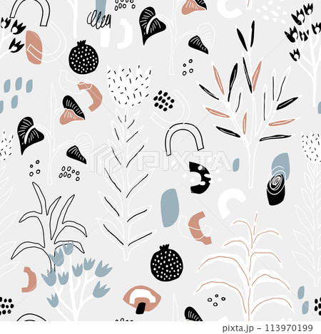 Seamless pattern with flowers, leaves and abstarct sheps. Creative floral modern texture. Great for fabric, textile Vector Illustration 113970199