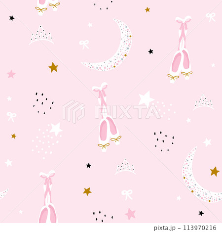 Childish seamless pattern with moon, stars and pointe shoes in scandinavian style. Creative vector childish background for fabric, textile 113970216