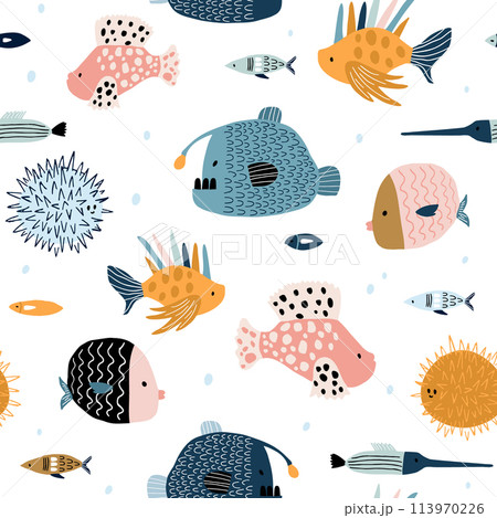 Seamless pattern with creative and colorful fishes . Creative undersea childish texture. Great for fabric, textile Vector Illustration 113970226