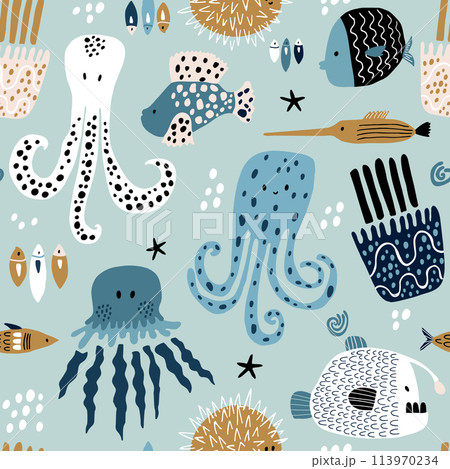 Seamless pattern with creative and colorful fishes, octopus, jellyfish, devil fish,fish hedgehog. Creative undersea childish texture. Great for fabric, textile Vector Illustration 113970234