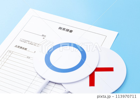 青背景に見積書とマルバツ札 113970711