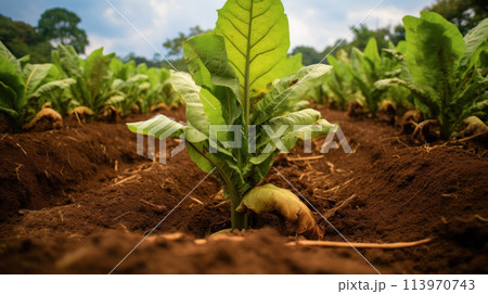 Plantation with young tobacco leaves 113970743