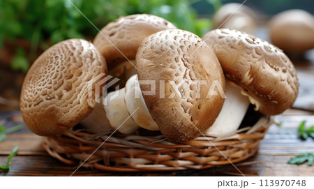 Fresh champignon mushrooms in wicker basket 113970748
