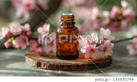 Dark glass bottle with apricot oil on background of flowers 113970749