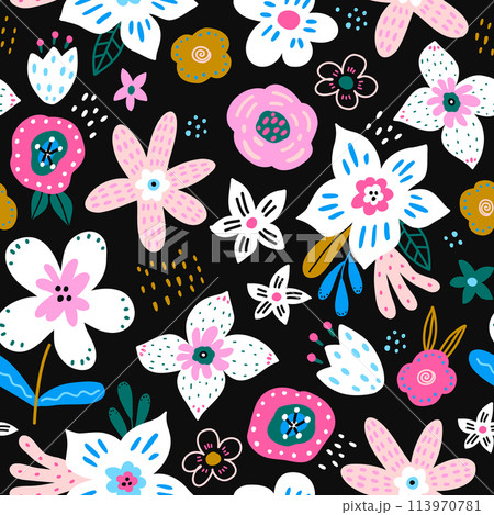 Seamless botanical pattern with hand drawn flowers, leaves. Bright floral texture on black.. Vector texture. 113970781