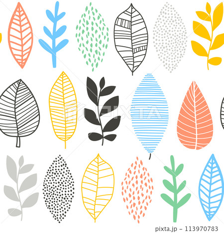 Seamless pattern with hand drawn outline leaves, plants. Botanical abstract texture in minimalistic style. Vector background. 113970783