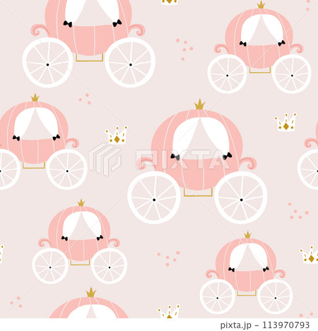 Childish seamless pattern with pink carriage in scandinavian style. Creative vector childish background for fabric, textile 113970793