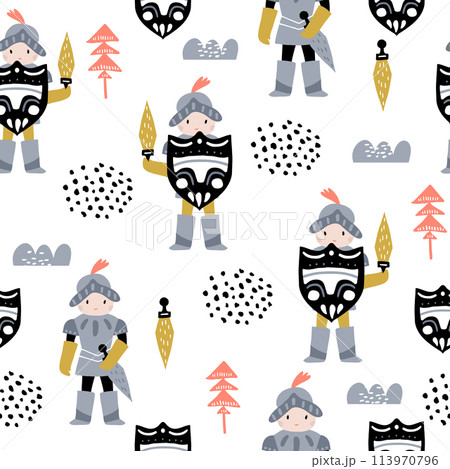 Childish seamless pattern with cute knights in scandinavian style. Creative vector childish background for fabric, textile 113970796
