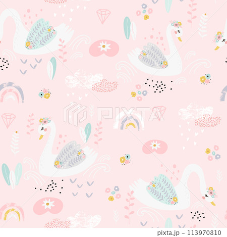 Seamless pattern with cute fairy swans and rainbows. Creative childish background. Perfect for kids apparel,fabric, textile, nursery decoration,wrapping paper.Vector Illustration 113970810