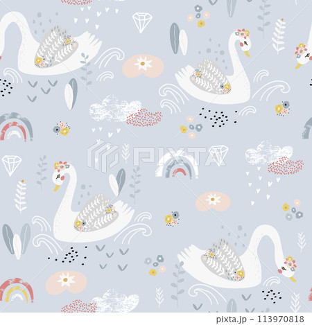 Seamless pattern with cute fairy swans and rainbows. Creative childish background. Perfect for kids apparel,fabric, textile, nursery decoration,wrapping paper.Vector Illustration 113970818
