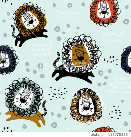 Childish seamless pattern with hand drawn lions. Trendy scandinavian vector background. Perfect for kids apparel,fabric, textile, nursery decoration,wrapping paper 113970828