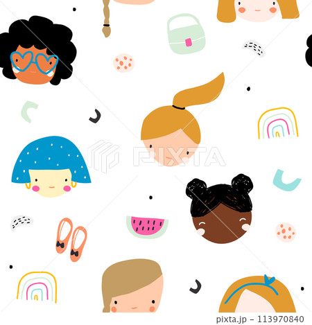 Seamless childish with beautiful faces of girls in a simple style. Creative children's textures for fabrics, packaging, textiles, wallpaper, clothing. Vector illustration Seamless childish with beautiful faces of girls in a simple style. Creative children's textures for fabrics, packaging, textiles, wallpaper, clothing. Vector illustration 113970840