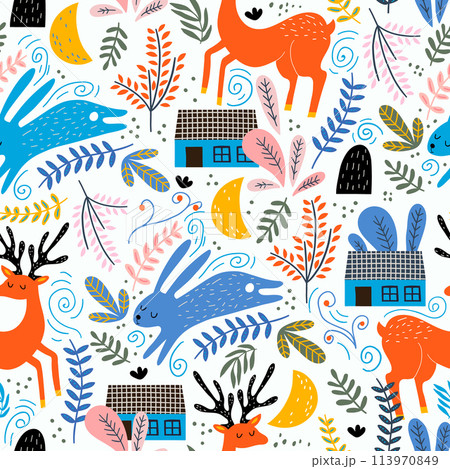 Seamless woodland pattern with deer, bunny and forest house. Creative kids for fabric, wrapping, textile, wallpaper, apparel. Vector illustration 113970849