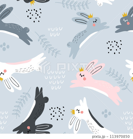 Seamless childish pattern with jumping rabbits in crown. Creative nursery texture. Perfect for kids design, fabric, wrapping, wallpaper, textile, apparel 113970850