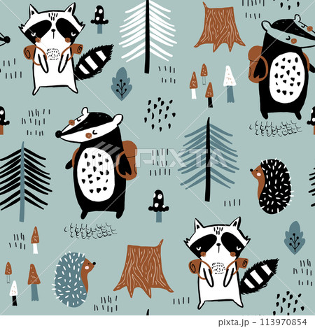Seamless childish pattern with tourist raccoon with beaver in the forest. Creative kids woodland for fabric, wrapping, textile, wallpaper, apparel. Vector illustration 113970854
