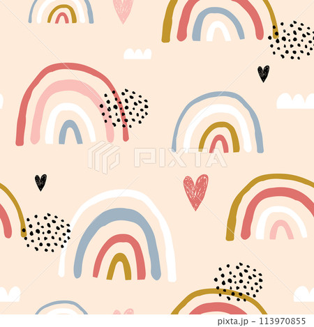 Seamless childish pattern with hand drawn rainbows and hearts, .Creative scandinavian kids texture for fabric, wrapping, textile, wallpaper, apparel. Vector illustration 113970855