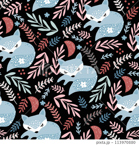 Seamless woodland pattern with sleeping fox and floral elements . Creative kids for fabric, wrapping, textile, wallpaper, apparel. Vector illustration Seamless woodland pattern with sleeping fox and floral elements . Creative kids for fabric, wrapping, textile, wallpaper, apparel. Vector illustration 113970880