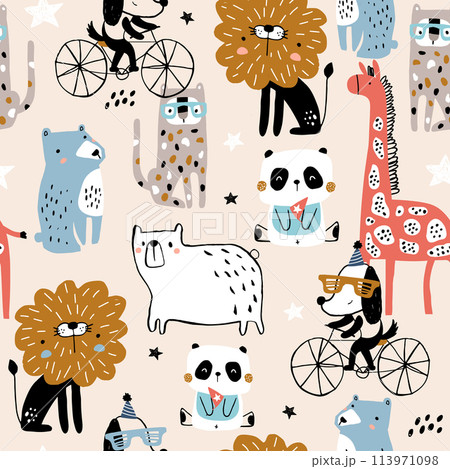 Seamless pattern with cartoon hand drawn bear,giraffe, dog,leopard, lion, panda. Creative childish pink texture. Great for fabric, textile Vector Illustration 113971098