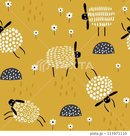 Seamless childish pattern with cute hand drawn sleeping sheeps. Creative scandinavian kids texture for fabric, wrapping, textile, wallpaper, apparel. Vector illustration Seamless childish pattern with cute hand drawn sleeping sheeps. Creative scandinavian kids texture for fabric, wrapping, textile, wallpaper, apparel. Vector illustration 113971110