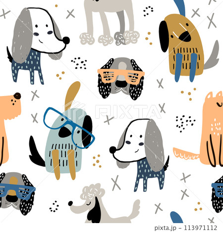Childish seamless pattern with funny creative dogs. Trendy scandinavian vector background. Perfect for kids apparel,fabric, textile, nursery decoration,wrapping paper 113971112