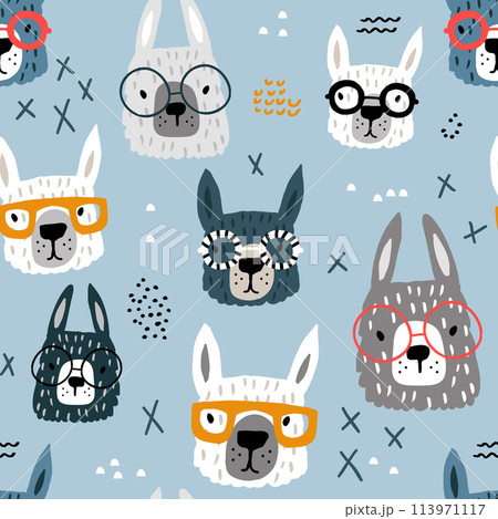 Seamless pattern with funny alpaka in glasses. Creative hand drawn llama childish texture. Great for fabric, textile Vector Illustration Seamless pattern with funny alpaka in glasses. Creative hand drawn llama childish texture. Great for fabric, textile Vector Illustration 113971117