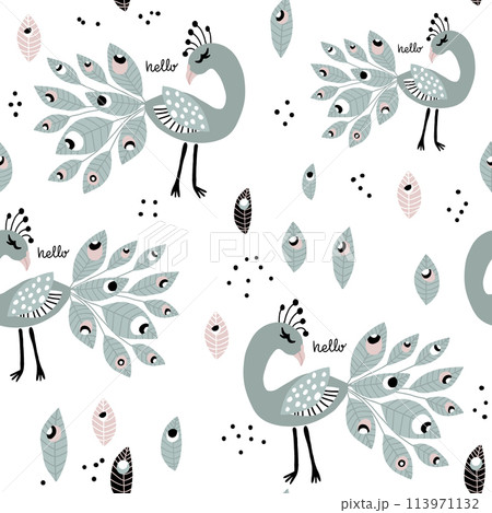 Seamless pattern with peacoks. Creative childish texture. Great for fabric, textile Vector Illustration 113971132