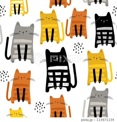 Seamless pattern with cute Kittens in diferent style. Creative childish texture. Great for fabric, textile Vector Illustration 113971134