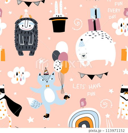Seamless childish pattern with cute monster, fox, bear, leopard and party elements. Creative kids texture for fabric, wrapping, textile, wallpaper, apparel. Vector illustration Seamless childish pattern with cute monster, fox, bear, leopard and party elements. Creative kids texture for fabric, wrapping, textile, wallpaper, apparel. Vector illustration 113971152