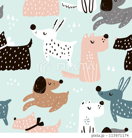 Childish seamless pattern with hand drawn dogs. Trendy scandinavian vector background. Perfect for kids apparel,fabric, textile, nursery decoration,wrapping paper 113971174