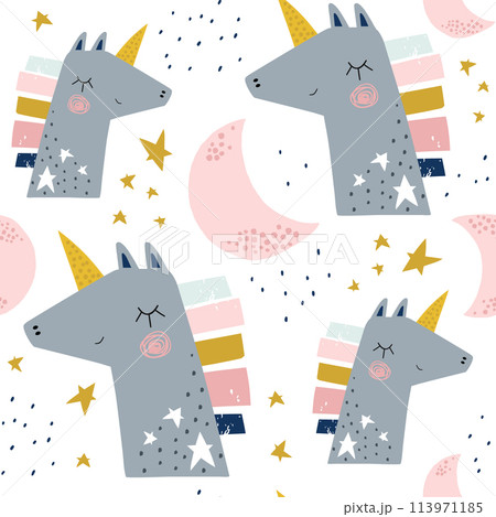 Seamless childish pattern with cute unicorns and moons . Creative scandinavian kids texture for fabric, wrapping, textile, wallpaper, apparel. Vector illustration Seamless childish pattern with cute unicorns and moons . Creative scandinavian kids texture for fabric, wrapping, textile, wallpaper, apparel. Vector illustration 113971185