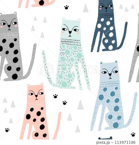 Seamless childish pattern with funny leopards. Creative scandinavian kids texture for fabric, wrapping, textile, wallpaper, apparel. Vector illustration 113971186