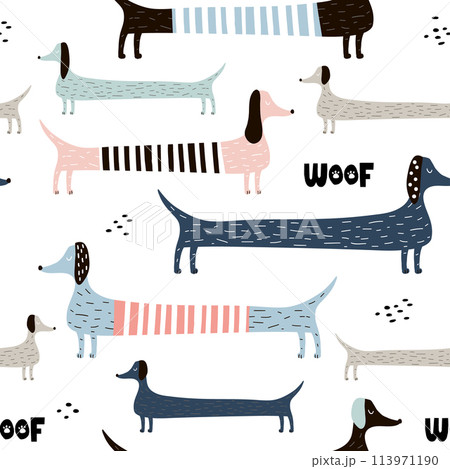 Childish seamless pattern with colorful dachshunds . Trendy scandinavian vector background. Perfect for kids apparel,fabric, textile, nursery decoration,wrapping paper 113971190