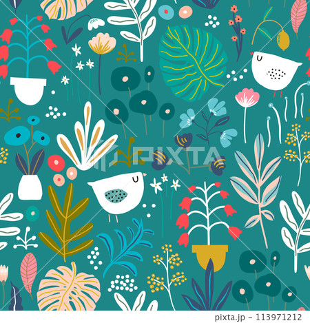 Seamless pattern with flowers in pots, palm branch, leaves and textures on soft pink. Creative jungle texture. Great for fabric, textile Vector Illustration Seamless pattern with flowers in pots, palm branch, leaves and textures on soft pink. Creative jungle texture. Great for fabric, textile Vector Illustration 113971212