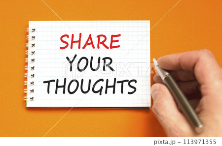 Share your thoughts symbol. Concept words Share your thoughts on beautiful white note. Beautiful orange background. Businessman hand. Business share your thoughts concept. Copy space. Share your thoughts symbol. Concept words Share your thoughts on beautiful white note. Beautiful orange background. Businessman hand. Business share your thoughts concept. Copy space. 113971355