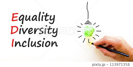 EDI equality diversity inclusion symbol. Concept words EDI equality diversity inclusion on white paper. Beautiful white background. Business EDI equality diversity inclusion concept. Copy space. 113971358