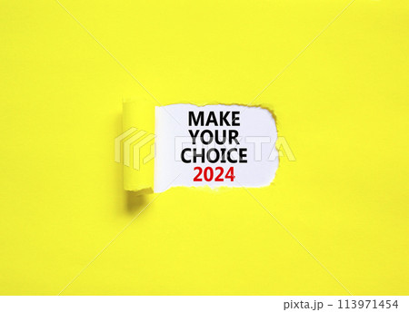 Make your choice 2024 symbol. Concept words Make your choice 2024 on beautiful white paper. Beautiful yellow background. Business Make your choice 2024 concept. Copy space 113971454