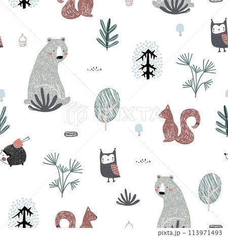 Seamless childish pattern with cute bear, squirrels, owl, hedgehog in the wood. Creative kids forest texture for fabric, wrapping, textile, wallpaper, apparel. Vector illustration Seamless childish pattern with cute bear, squirrels, owl, hedgehog in the wood. Creative kids forest texture for fabric, wrapping, textile, wallpaper, apparel. Vector illustration 113971493