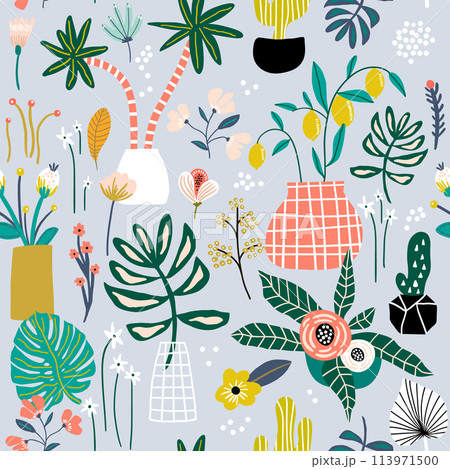 Seamless pattern with flowers in pots, palm branch, leaves and textures. Creative jungle texture. Great for fabric, textile Vector Illustration Seamless pattern with flowers in pots, palm branch, leaves and textures. Creative jungle texture. Great for fabric, textile Vector Illustration 113971500