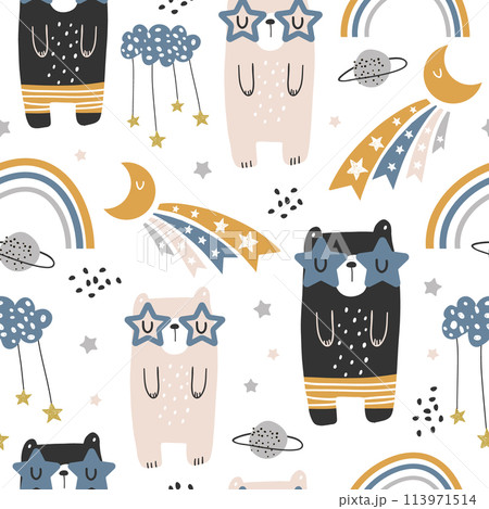 Seamless childish pattern with cute bears, rainbow, stars, moon. Creative scandinavian kids texture for fabric, wrapping, textile, wallpaper, apparel. Vector illustration 113971514