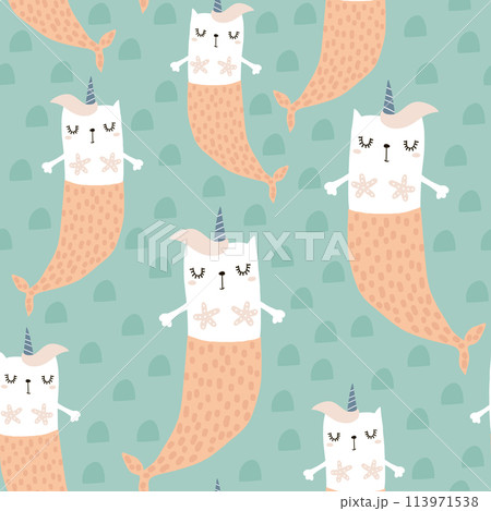 Magic cat mermaid with horn. Seamless childish pattern for apparel, fabric, textile.Vector illustration Magic cat mermaid with horn. Seamless childish pattern for apparel, fabric, textile.Vector illustration 113971538