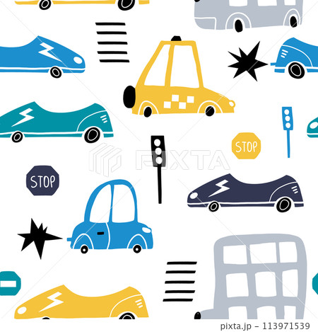 Seamless pattern with hand drawn cute car. Cartoon cars, road sign,zebra crossing vector illustration.Perfect for kids fabric,textile,nursery wallpaper 113971539