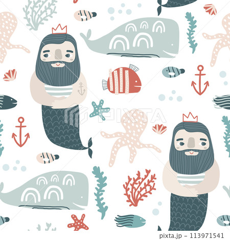 Seamless childish pattern ocean king and undersee elements . Creative scandinavian kids texture for fabric, wrapping, textile, wallpaper, apparel. Vector illustration 113971541