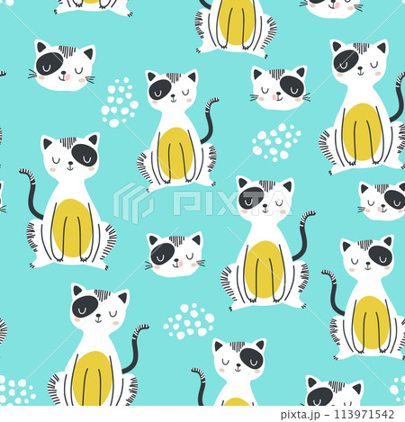Seamless childish pattern with funny cats . Creative scandinavian kids texture for fabric, wrapping, textile, wallpaper, apparel. Vector illustration 113971542