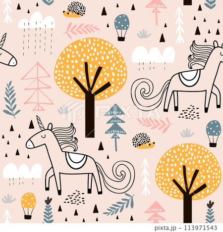 Seamless childish pattern with fairy unicorn, hedgehog in the wood. Creative kids city texture for fabric, wrapping, textile, wallpaper, apparel. Vector illustration 113971543